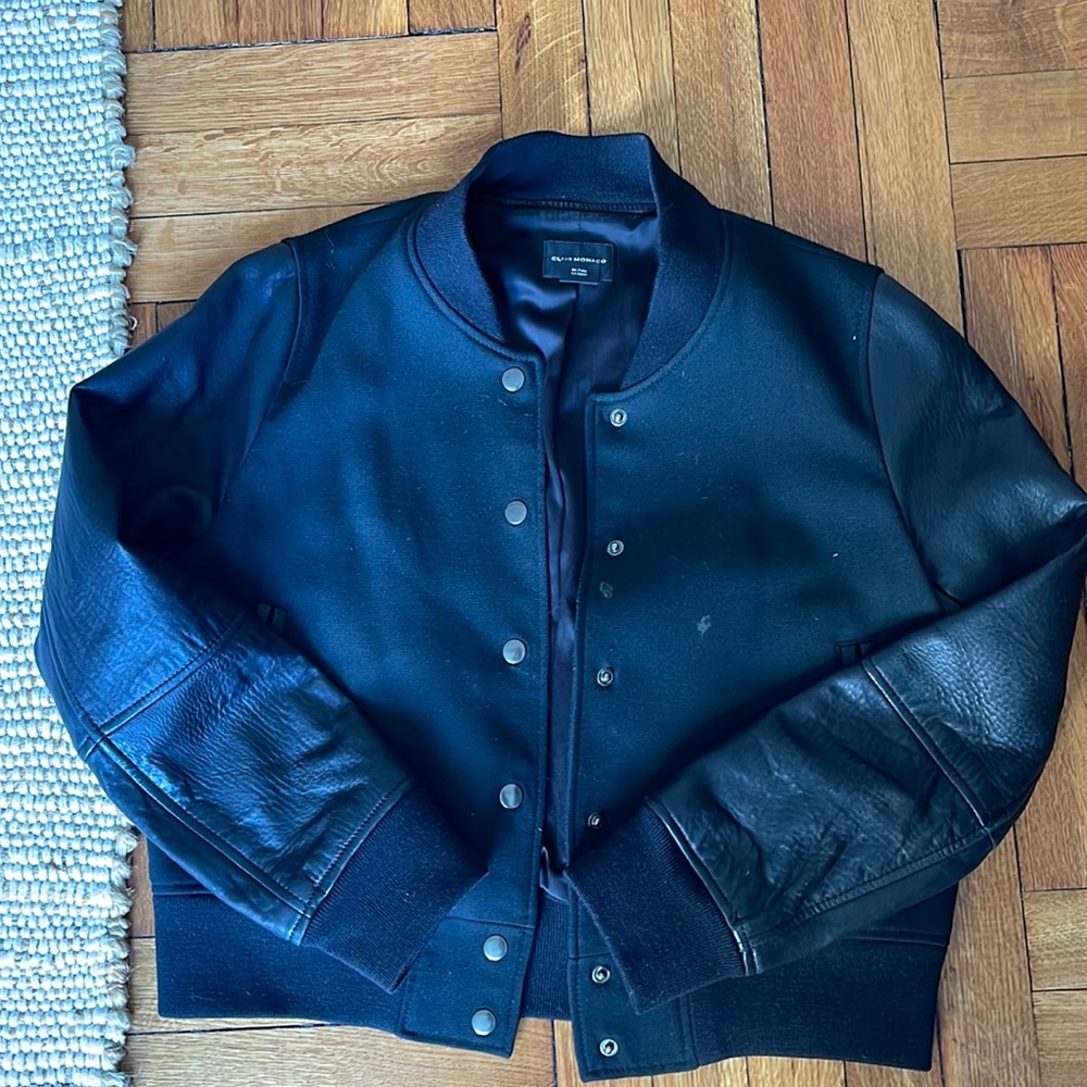 Club Monaco Leather Sleeve Varsity Jacket